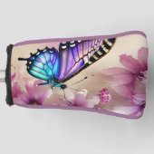 Prachtige blauwe vlinder en roze bloemen golfheadcover (Voorkant)