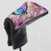 Prachtige blauwe vlinder en roze bloemen golfheadcover (3/4 voorkant)