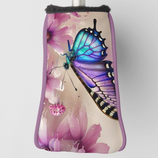 Prachtige blauwe vlinder en roze bloemen golfheadcover (Draai 90)
