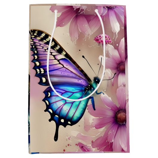 Prachtige blauwe vlinder en roze bloemen medium cadeauzakje (Voorkant)