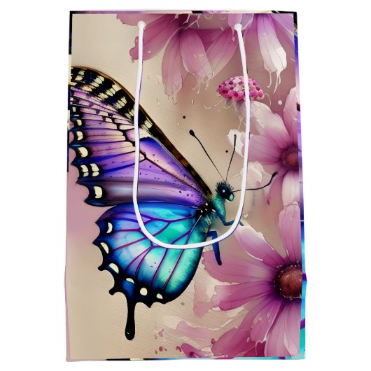 Prachtige blauwe vlinder en roze bloemen medium cadeauzakje (Achterkant)