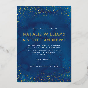 Prachtige blauwe Waterverf Stary Sky Wedding REAL Folie Uitnodiging