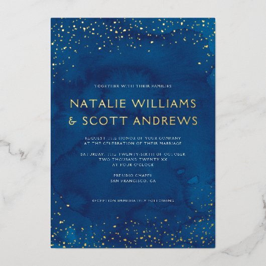 Prachtige blauwe Waterverf Stary Sky Wedding REAL Folie Uitnodiging (Voorkant)