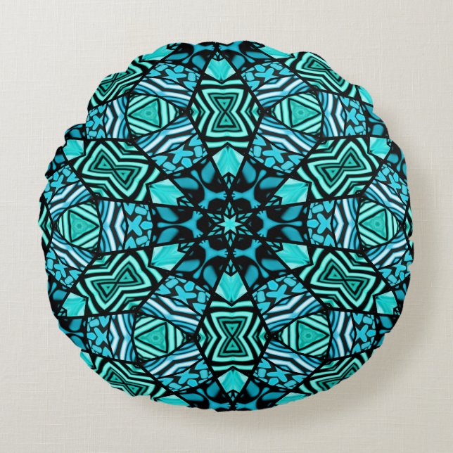 Prachtige Blauwgroen Aqua Turquoise Ethnic Mosaic  Rond Kussen (Voorkant)
