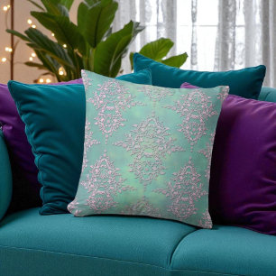 Prachtige Blauwgroen en Lavendel Pastel Damask Kussen