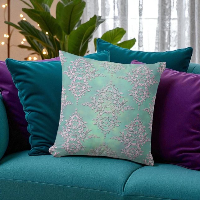 Prachtige Blauwgroen en Lavendel Pastel Damask Kussen (Creator heeft geüpload)