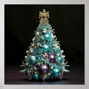 Prachtige Blauwgroen en paarse kerstboom Poster