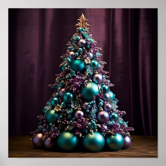 Prachtige Blauwgroen en paarse kerstboom Poster (Voorkant)