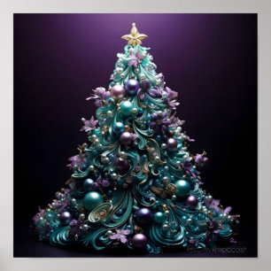 Prachtige Blauwgroen en paarse kerstboom Poster