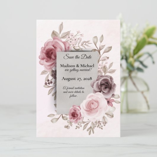 Prachtige  bloemen op Bleek roze bruiloft Save The Date (Staand voorkant)