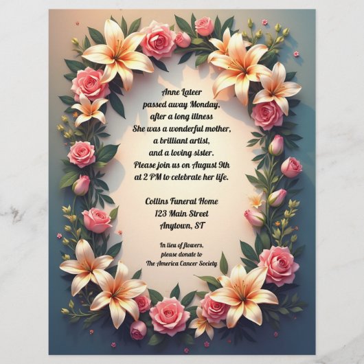 Prachtige bloemen op gradiënt achtergrond Memorial Briefhoofd (Voorkant)