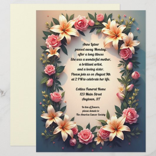 Prachtige bloemen op gradiënt achtergrond Memorial Briefhoofd (Voorkant / Achterkant)