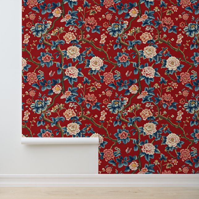 Prachtige bloemige rode elegante behang (Applicatie)