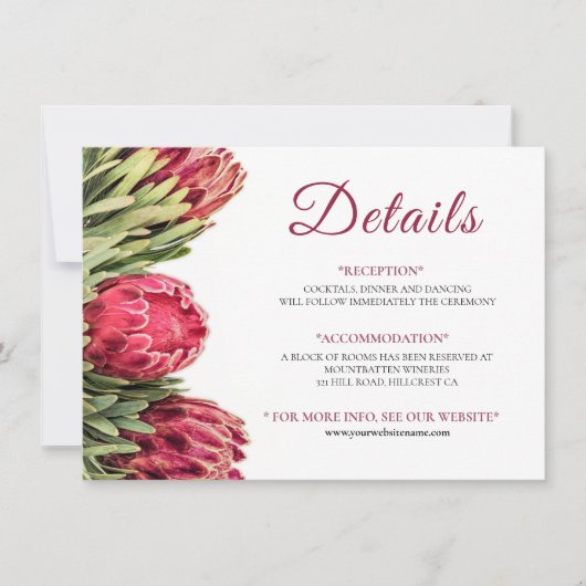 Prachtige Bloemrijke Roze Protea Trouwruimte Kaart (Voorkant)