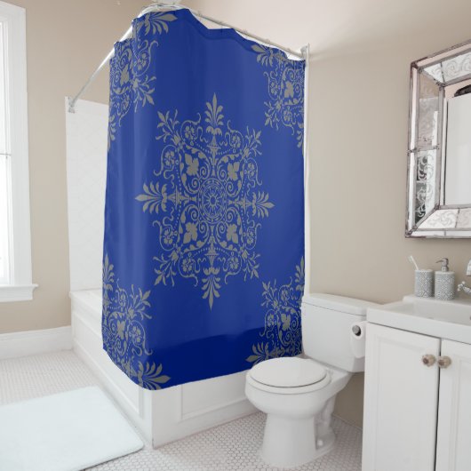 Prachtige Blue Floral Damask Pattern Douchegordijn (In situ)