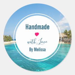 Prachtige Blue Tropical Beach Handmade with Love Ronde Sticker