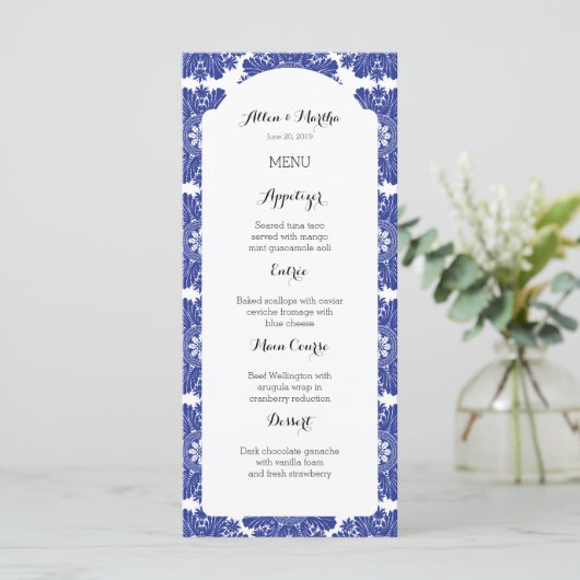 Prachtige Blue & White Baroque Wedding Menu Suite (Staand voorkant)