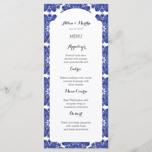 Prachtige Blue & White Baroque Wedding Menu Suite (Voorkant)