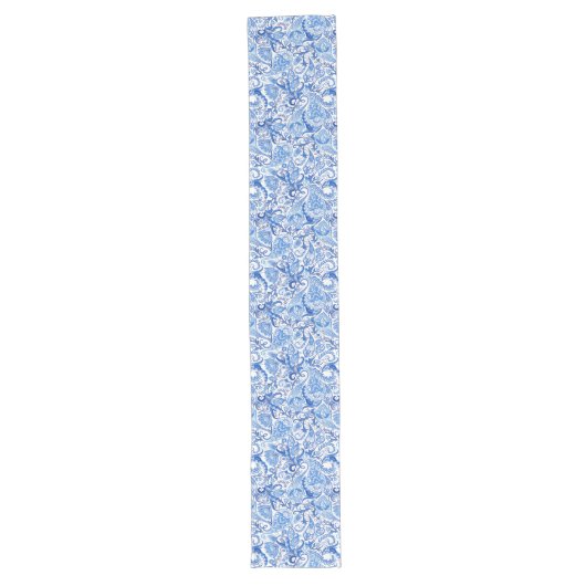 Prachtige Blue White Floral Paisley Art Pattern Lange Tafelloper (Voorkant)