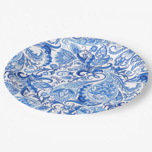 Prachtige Blue White Floral Paisley Art Pattern Papieren Bordje (Gekanteld)