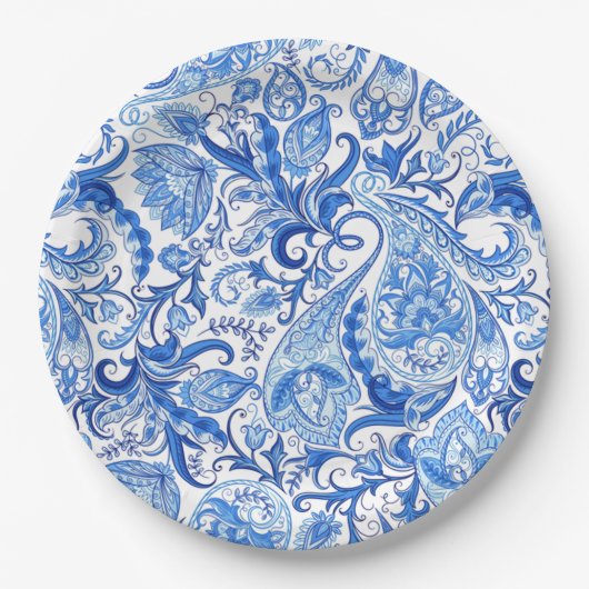 Prachtige Blue White Floral Paisley Art Pattern Papieren Bordje (Voorkant)