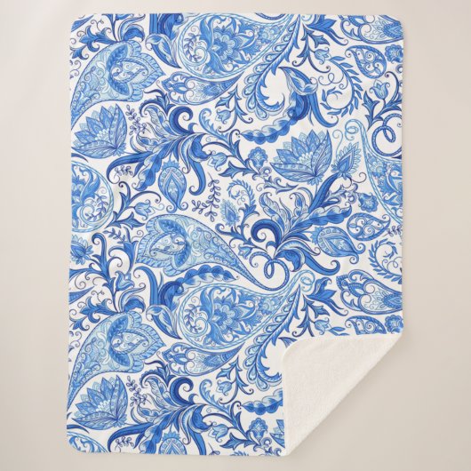 Prachtige Blue White Floral Paisley Art Pattern Sherpa Deken (Voorkant)