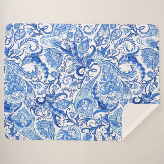 Prachtige Blue White Floral Paisley Art Pattern Sherpa Deken (Voorkant (horizontaal))