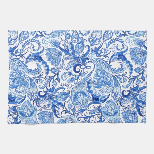 Prachtige Blue White Floral Paisley Art Pattern Theedoek (Horizontaal)