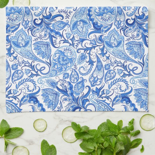 Prachtige Blue White Floral Paisley Art Pattern Theedoek (Gevouwen)