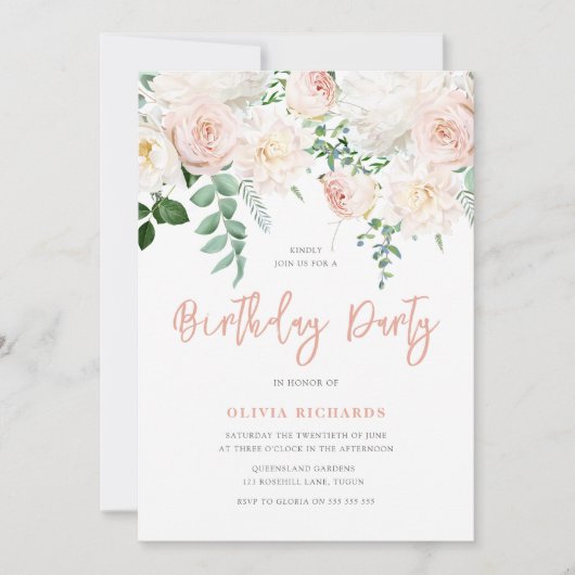 Prachtige Blush Bloemen Alle leeftijden Verjaardag Kaart (Voorkant)