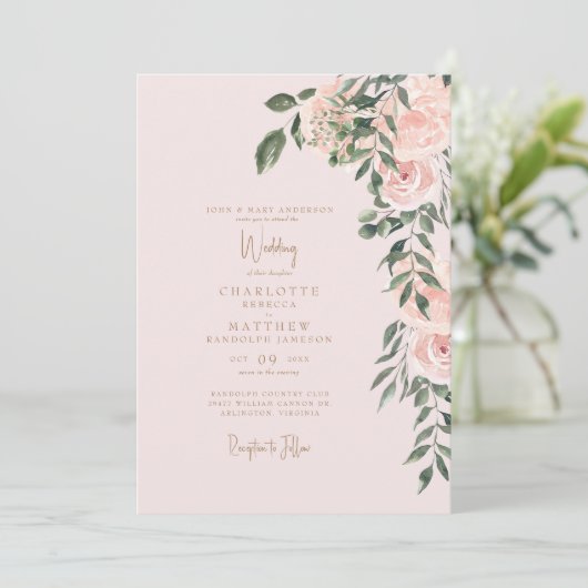 Prachtige Blush Bloemen Gouden Tekst Blush Bruilof Kaart (Staand voorkant)