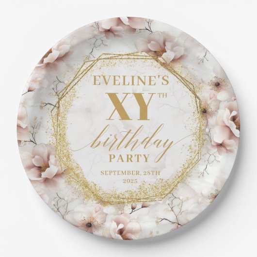 Prachtige Blush Bloemen Gouden Verjaardag Papier B Papieren Bordje (Voorkant)