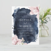 Prachtige Blush Bloemen Navy Splash Bruiloft Kaart (Staand voorkant)