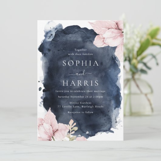 Prachtige Blush Bloemen Navy Splash Bruiloft Kaart (Staand voorkant)