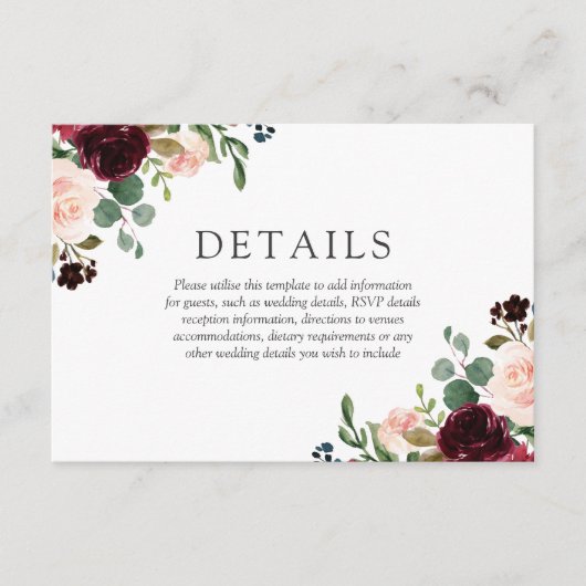 Prachtige Blush & Bourgogne Flowers Elegant Weddin Informatiekaartje (Voorkant)