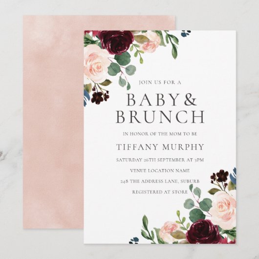 Prachtige Blush Burgundy Flowers Baby shower Brunc Kaart (Voorkant / Achterkant)