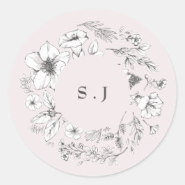 Prachtige Blush Floral Monogram Sketched Wreate Ronde Sticker