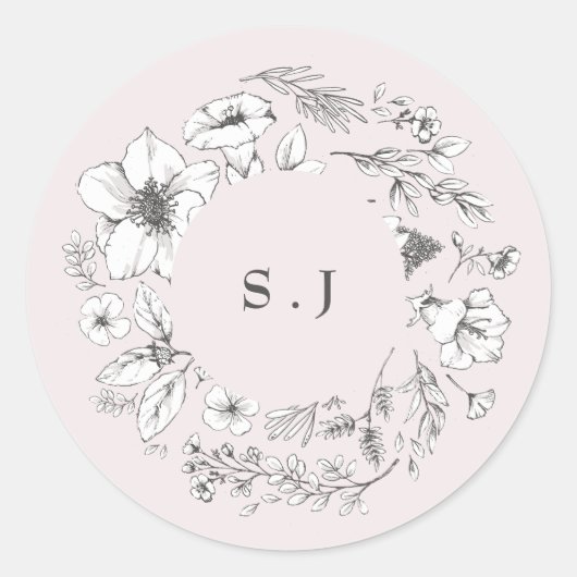Prachtige Blush Floral Monogram Sketched Wreate Ronde Sticker (Voorkant)