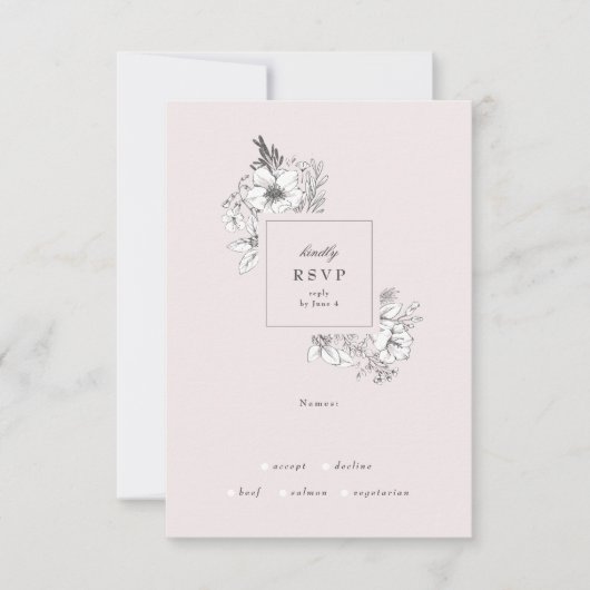 Prachtige Blush Floral Monogram Sketched Wreate RSVP Kaartje (Voorkant)
