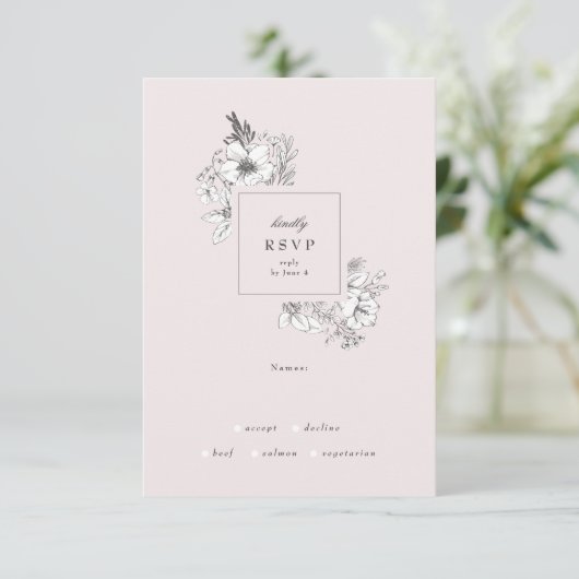 Prachtige Blush Floral Monogram Sketched Wreate RSVP Kaartje (Staand voorkant)