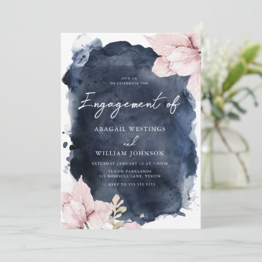 Prachtige Blush Floral Navy Splash Verlovingsfeest Kaart (Staand voorkant)