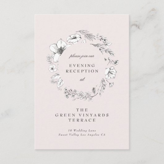 Prachtige Blush Floral Sketched Wreath Reception Informatiekaartje (Voorkant)