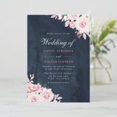 Prachtige Blush Flowers & Navy Waterverf Wedding Kaart (Staand voorkant)