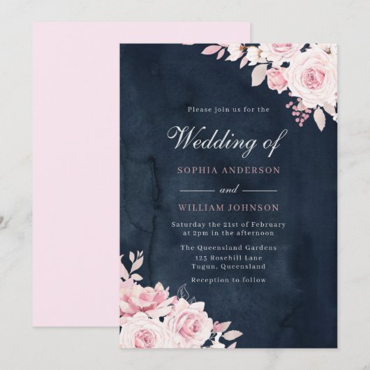 Prachtige Blush Flowers & Navy Waterverf Wedding Kaart (Voorkant / Achterkant)
