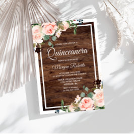 Prachtige Blush Flowers & Rustic Wood Quinceanera Kaart