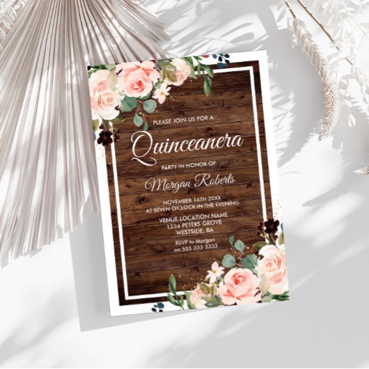 Prachtige Blush Flowers & Rustic Wood Quinceanera Kaart