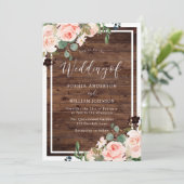 Prachtige Blush Flowers & Rustic Wood Wedding Kaart (Staand voorkant)