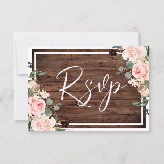 Prachtige Blush Flowers & Rustic Wood Wedding RSVP Kaartje (Voorkant)