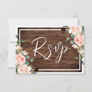 Prachtige Blush Flowers & Rustic Wood Wedding RSVP Kaartje