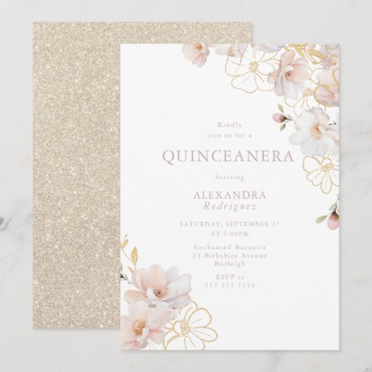 Prachtige Blush & Gold betoverde Quinceanera Kaart (Voorkant / Achterkant)